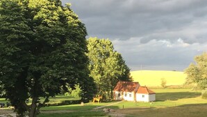 A rural landscape with a white house, a large tree, and a pond.