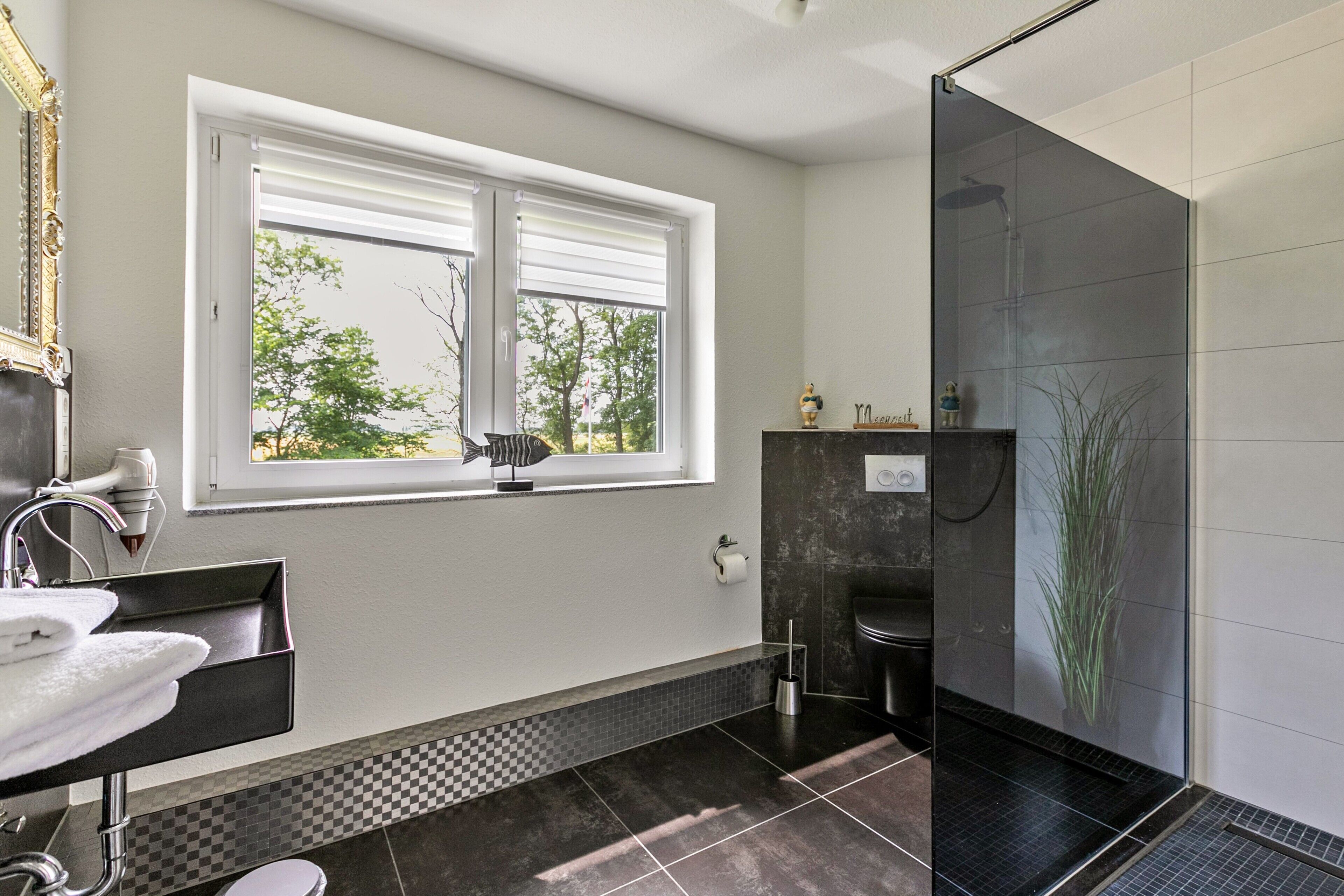 Shower, hair dryer, towels