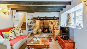 Una sala de estar acogedora con chimenea, un sofá, una mesa de centro y un televisor.