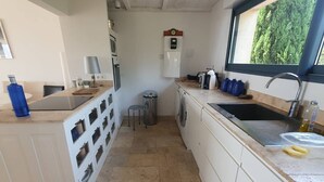 Una cocina compacta con lavamanos, encimera y ventana con vistas a la vegetación.