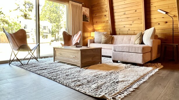 Een gezellige woonkamer met een houten plafond, een bank, een salontafel en een fauteuil.