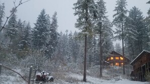 A wooden cabin surrounded by snow-covered trees. - Charming house with orchard and pond close to Flathead Lake (Rollins)