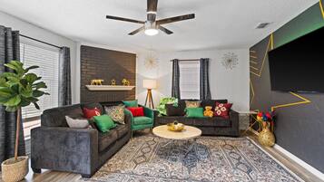 Smart TV, fireplace, video games, table football