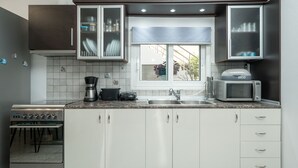 A modern kitchen with white cabinets, a stainless steel stove, a microwave, and a window with a view of greenery. - MTC-Sea & sky by Valeria near airport (Markopoulo Mesogaias)