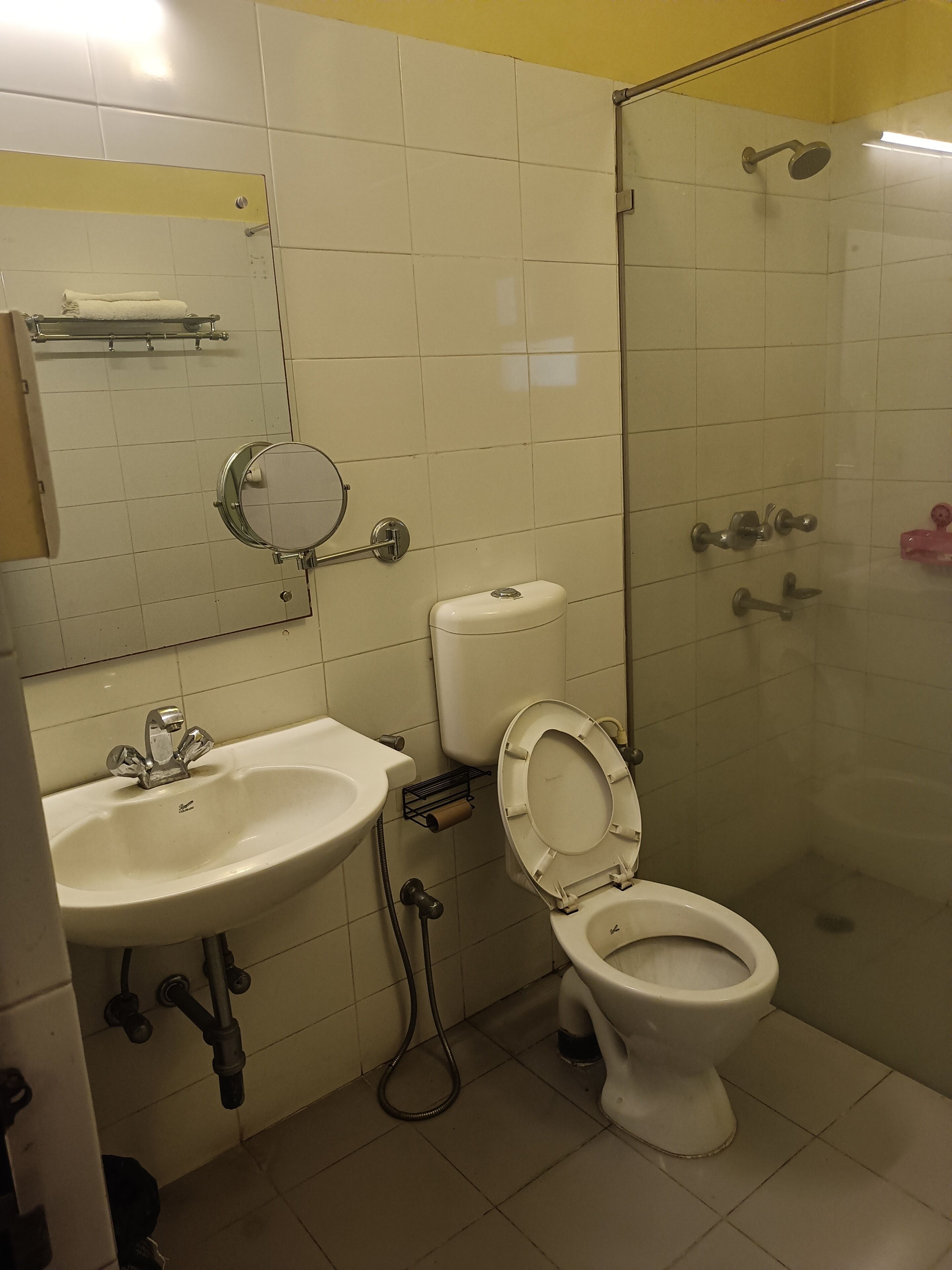 Un baño con lavamanos, inodoro y ducha.