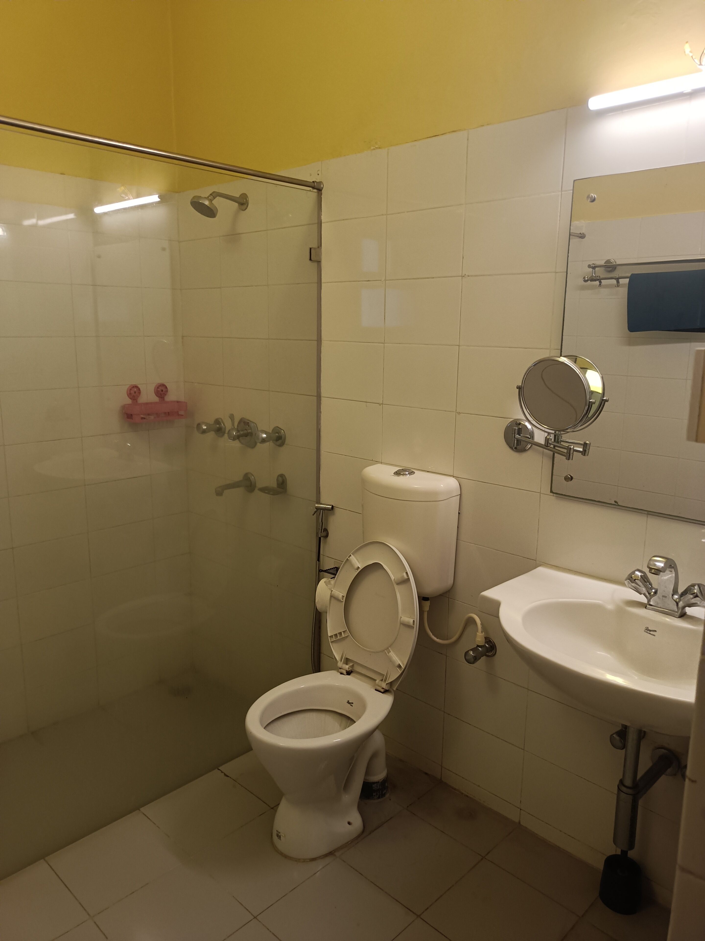 A bathroom with a toilet, sink, mirror, and shower.