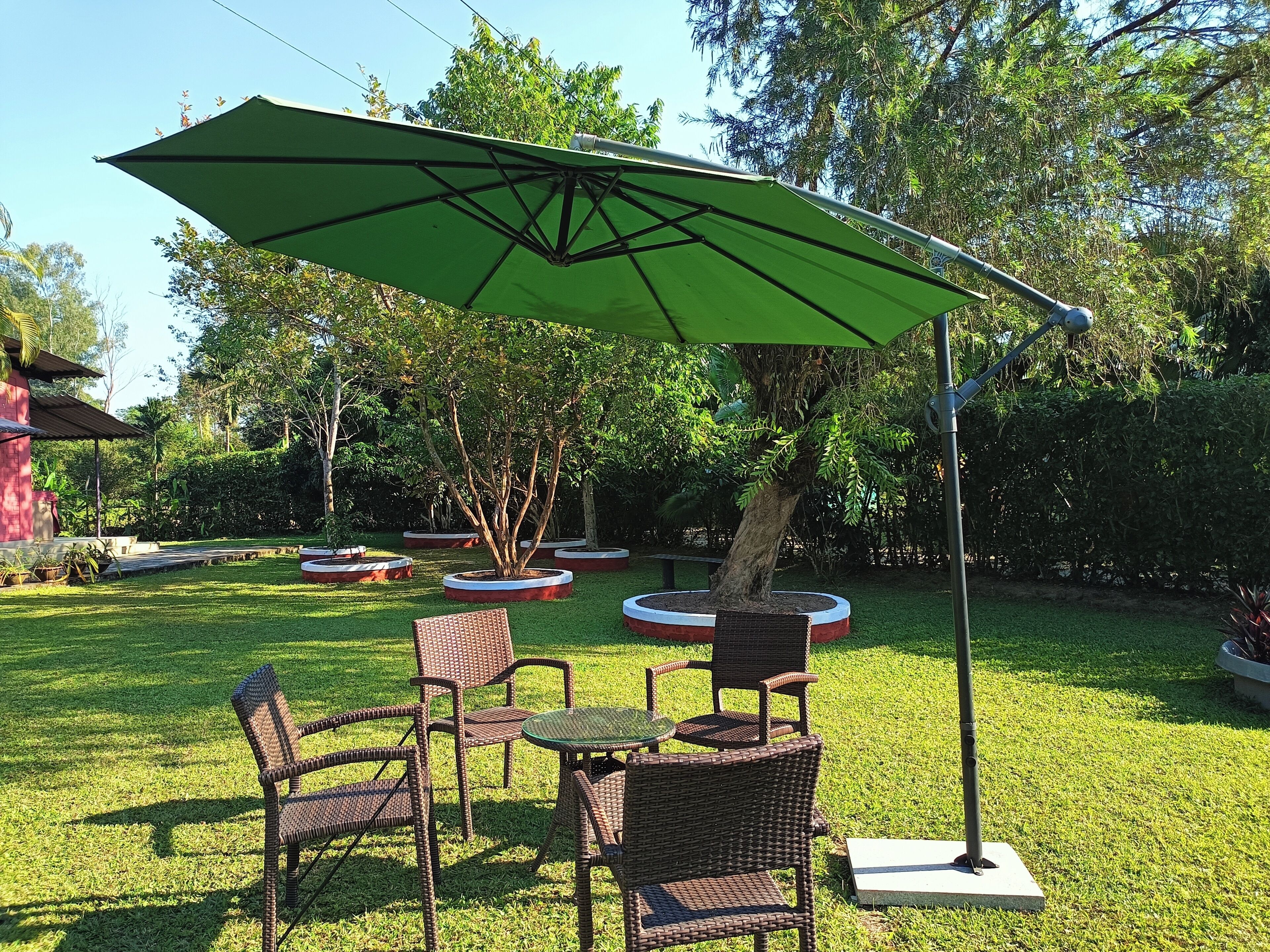 An outdoor seating area with a table and chairs under a green umbrella, surrounded by trees and a well-maintained lawn.