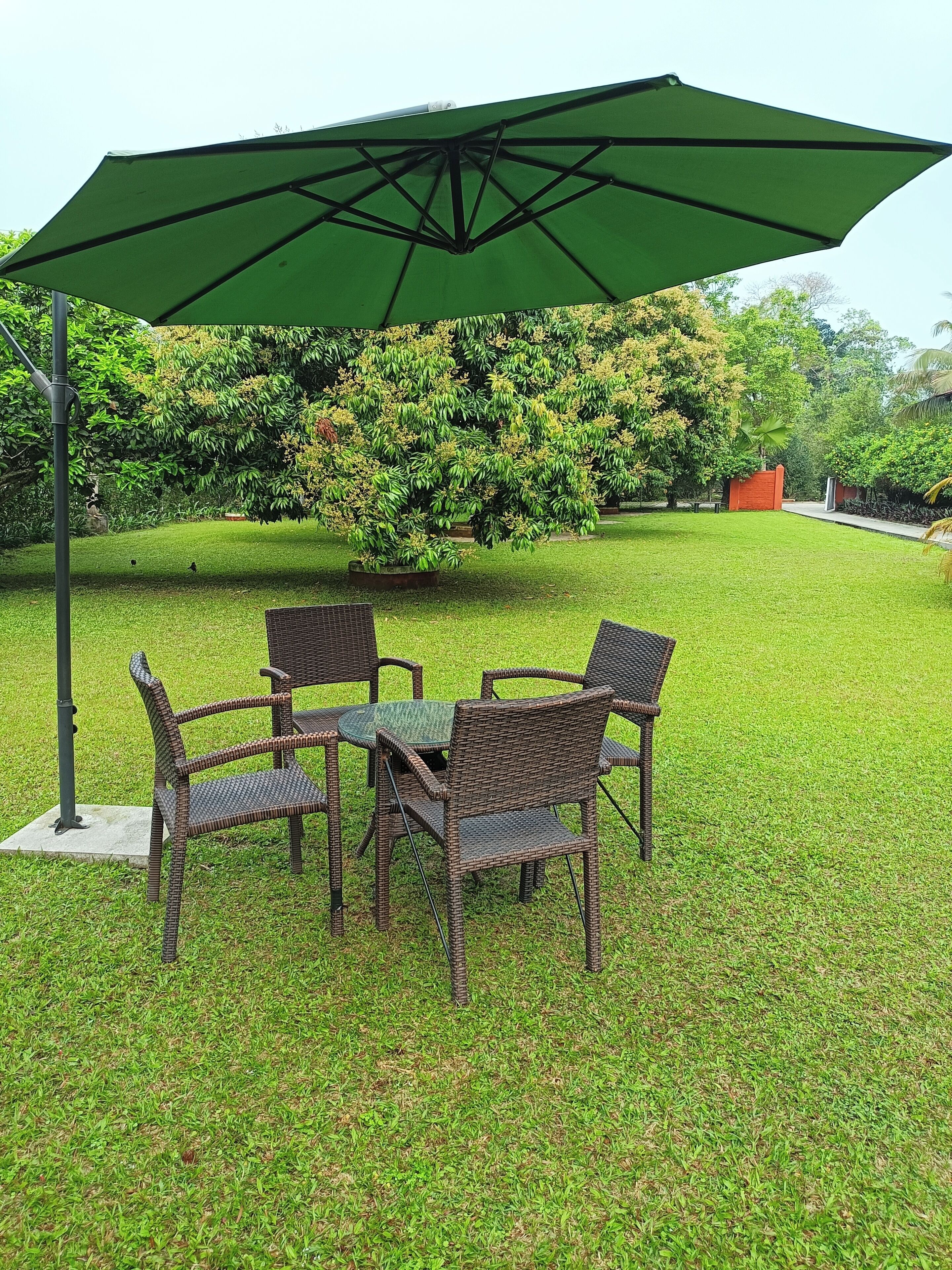 An outdoor seating area with a table and chairs under a large umbrella, surrounded by a well-maintained lawn and trees.