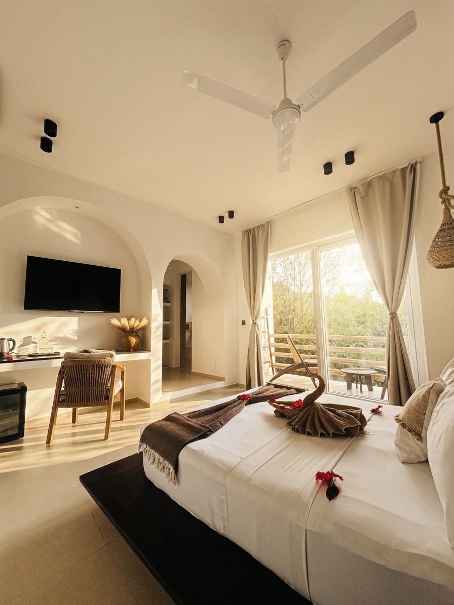 A bedroom with a bed, a desk, a chair, a TV, and a balcony with a view.