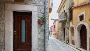 A narrow street with stone buildings, a wooden door with a glass panel, and a hanging plant.