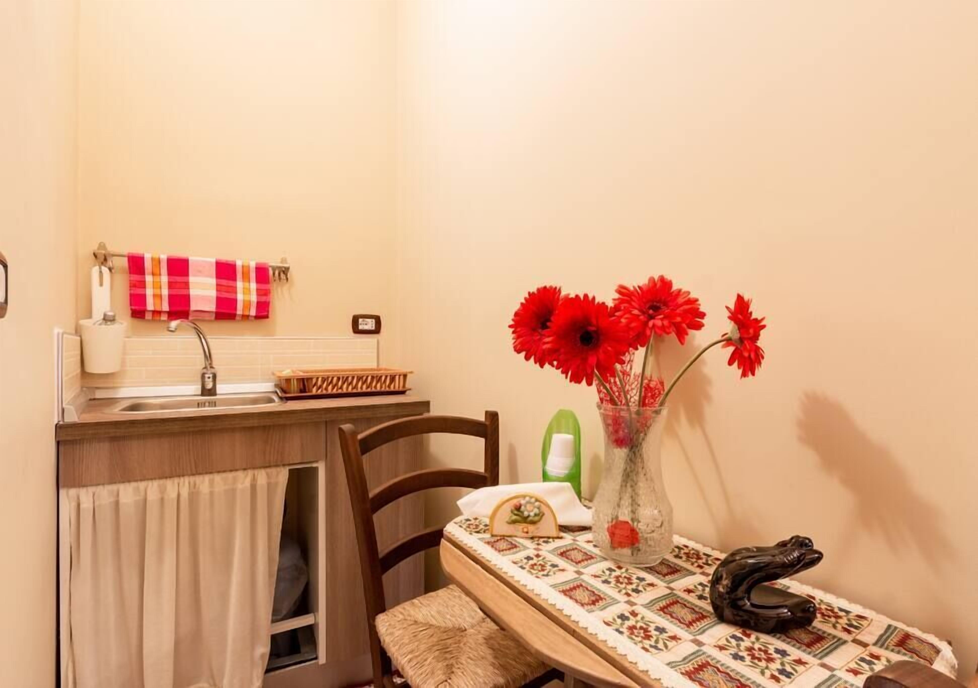 Une petite cuisine avec un évier, un porte-serviettes, un vase rempli de fleurs rouges et une table recouverte d’une nappe à motifs.