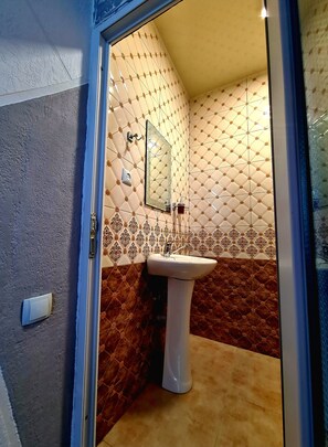 Shower, jetted bath, hair dryer, towels