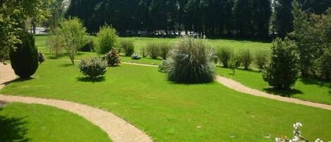 A well-maintained garden with a variety of trees and shrubs, a gravel path, and a clear view of the surrounding forest.