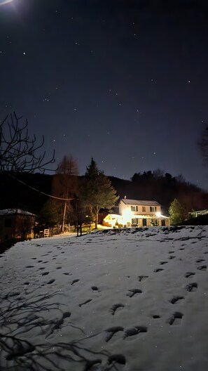 A snow-covered landscape with footprints, a house with lights, and a clear night sky.