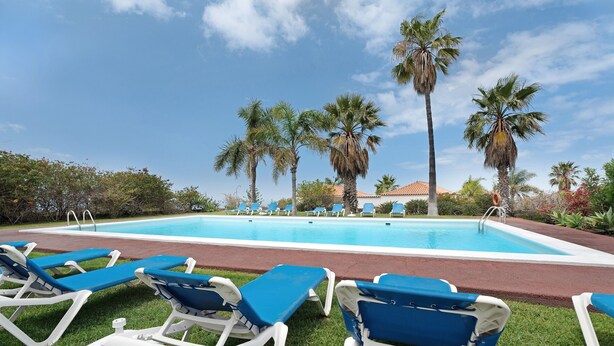 Zona junto a la piscina con sillones de descanso, palmeras y un cielo azul despejado.