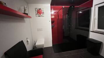 Dusche, Haartrockner, Handtücher, Toilettenpapier