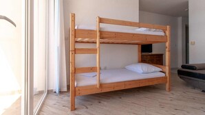 A bunk bed in a room with a wooden floor and a sliding glass door.