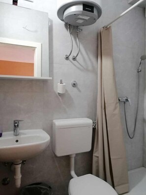 Une petite salle de bain avec des toilettes, un lavabo et une douche.