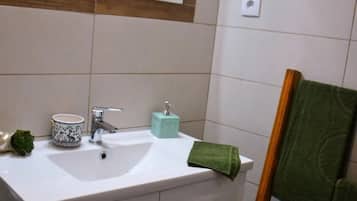Hair dryer, towels, soap