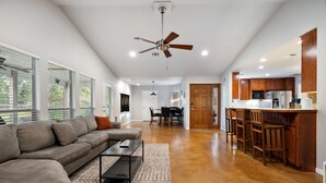 House, Multiple Beds, Hot Tub, Garden View (Mustang Retreat) | Living area | 50-inch flat-screen TV with digital channels, fireplace - Pet-friendly Marble Falls Home w/ Hot Tub! (Marble Falls)