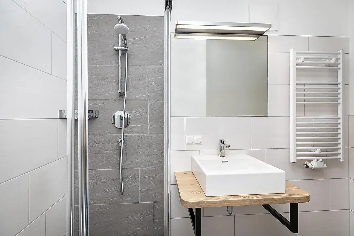 Shower, hair dryer, towels, toilet paper