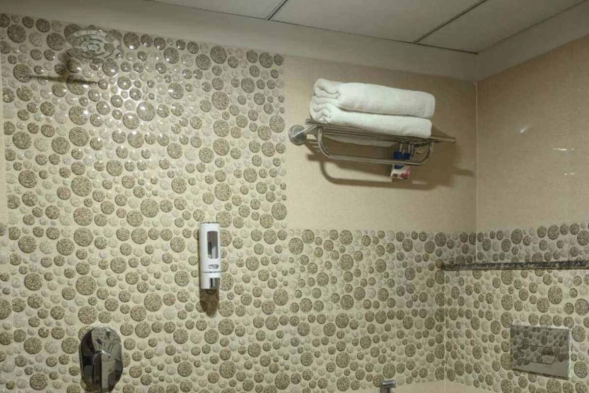 Un baño con inodoro, ducha y toallero.