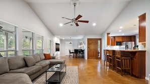 House, Multiple Beds, Hot Tub, Garden View (Mustang Hideaway) | Living area | 50-inch flat-screen TV with digital channels, fireplace - 2br Texas Countryside Home w/ Hot Tub! (Marble Falls)