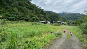 Un camino rural con sendero de grava que lleva a un conjunto de edificios rodeados de abundante vegetación y colinas.
