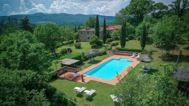 Ein rechteckiger Pool mit roter Umrandung, umgeben von einer Rasenfläche mit weißen Liegestühlen und Sonnenschirmen.