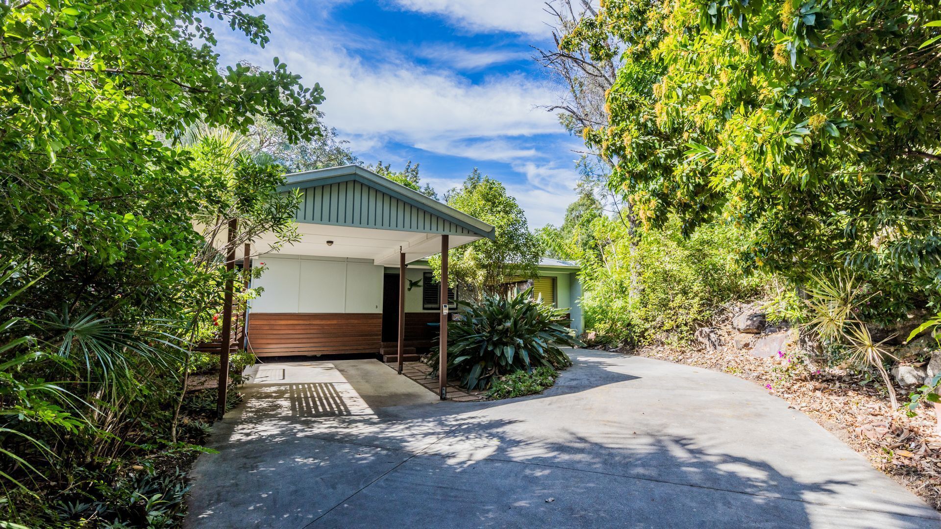A house with a covered porch, a concrete driveway, and lush greenery surrounding it.