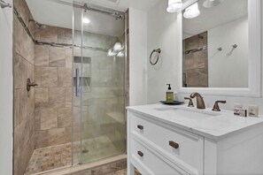 Shower, towels - 738 Surf Condo - Oceanfront - Pool access (Surf City)