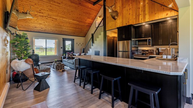 A spacious kitchen with a large island, dark cabinetry, and stainless steel appliances. - Cedar Mountain Retreat- Hot Tub, Pet Friendly, Mountain Views (Cody)