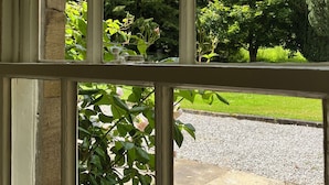 A view through a window with a stone wall and a garden with trees and a gravel path.