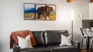 TV a schermo piatto, caminetto, videogiochi, Netflix