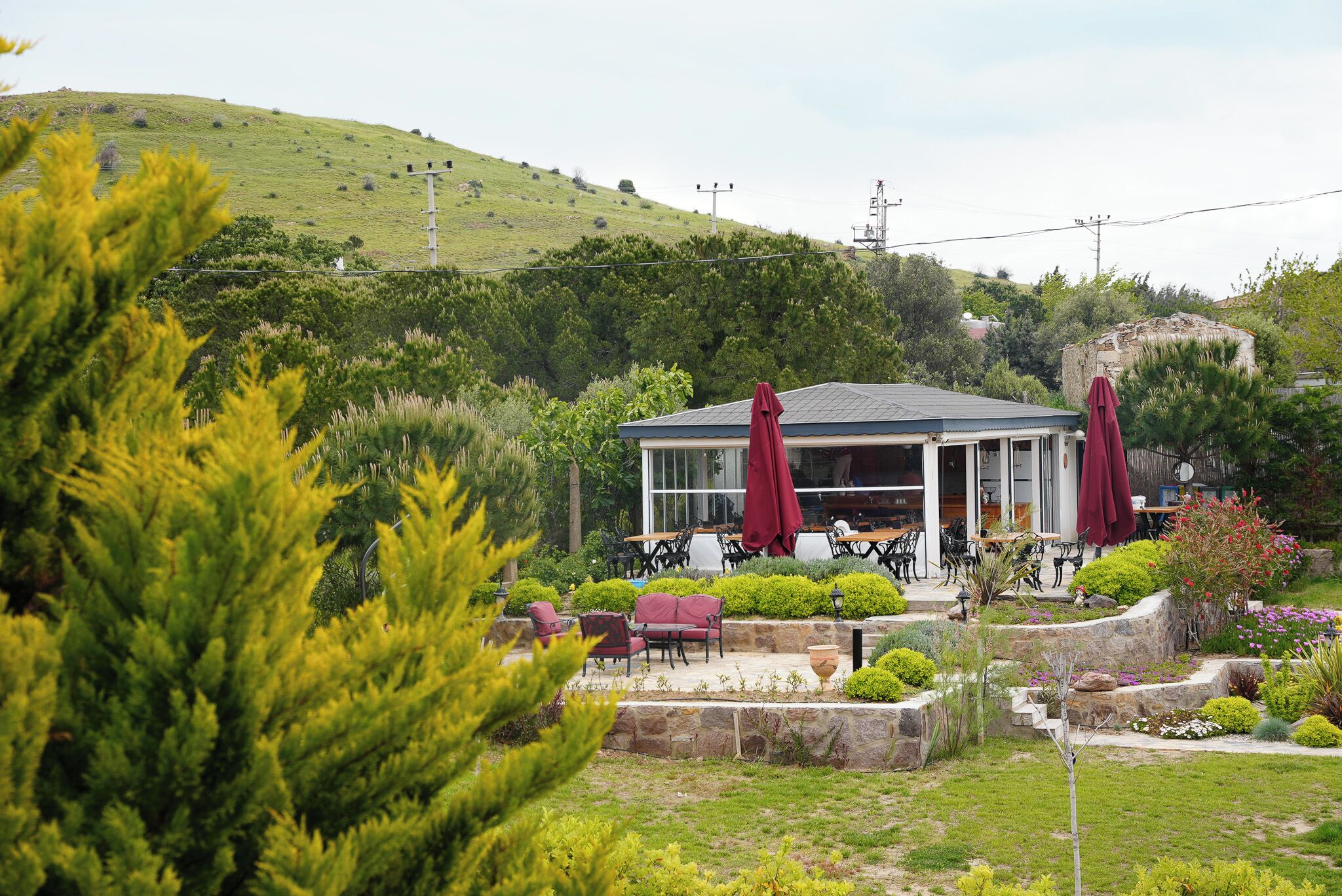 A building with outdoor seating, surrounded by greenery and a hilly landscape.