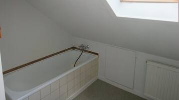 A small, narrow room with a skylight, a bathtub, and a toilet.