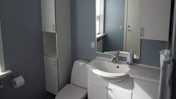 Separate tub and shower, hair dryer, towels, soap