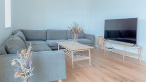 A modern living room with a grey sofa, a coffee table, a TV on a stand, and a vase with dried flowers.