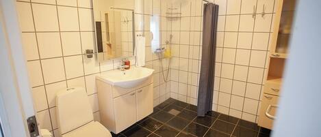 A bathroom with a toilet, sink, mirror, shower, and tiled walls.