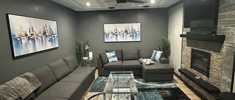 Smart TV, fireplace, video games, foosball