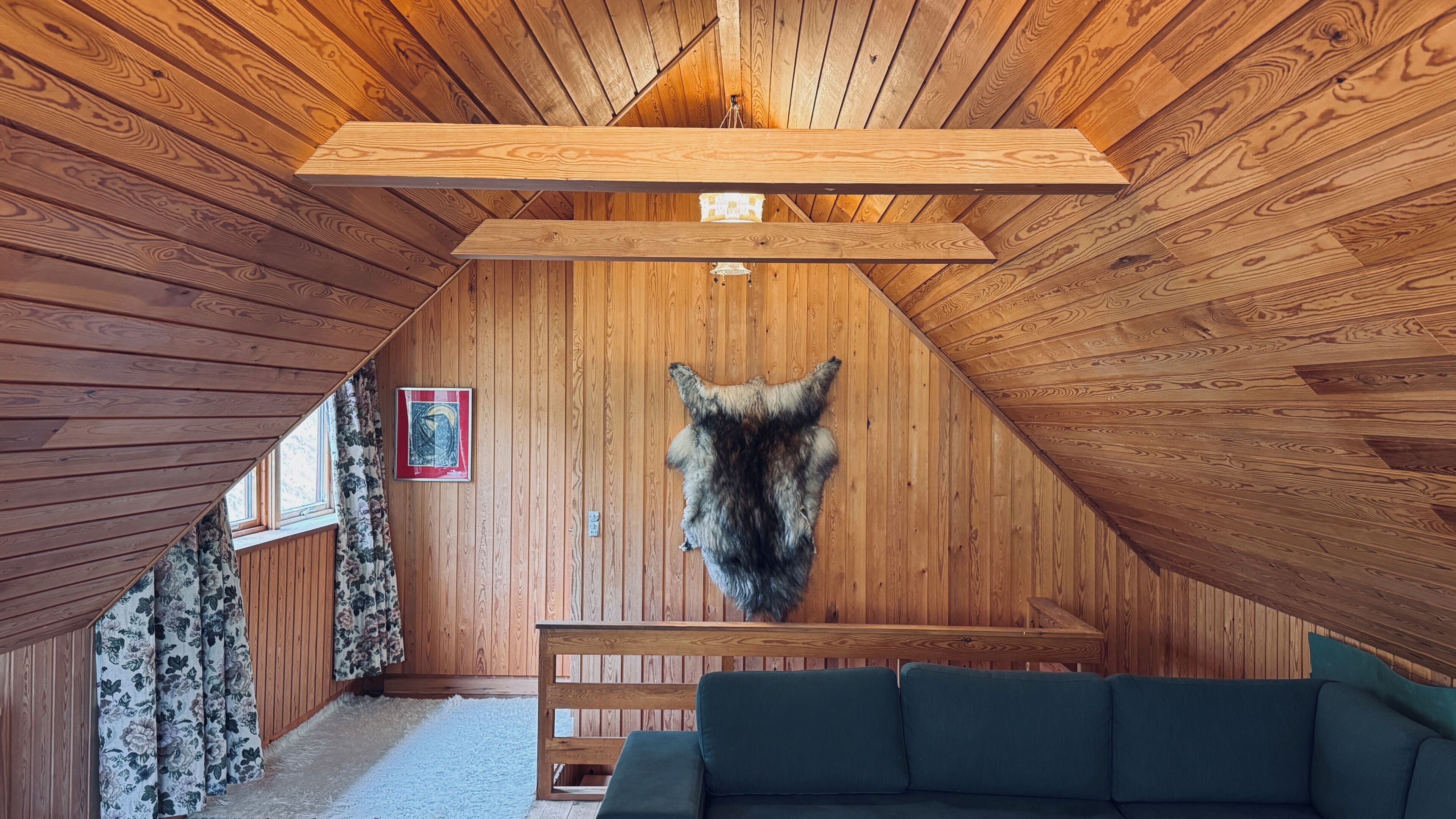 A room with wooden walls, a fur wall hanging, a green sofa, and a wooden bench.
