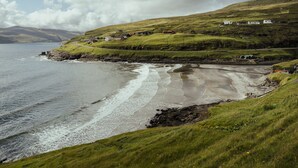 A coastal landscape with grassy hills, a beach, and houses.