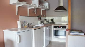 Appartement | Privékeuken | Een koelkast met diepvriezer, een oven, een kookplaat