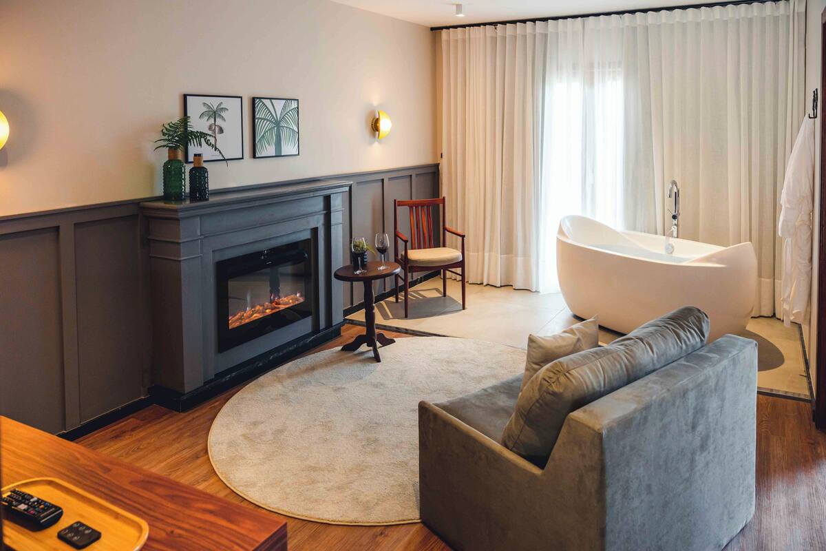 A living room with a fireplace, a sofa, a round rug, a chair, and a bathtub.