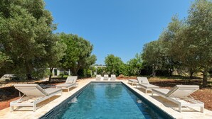 A rectangular swimming pool with white lounge chairs on either side, surrounded by trees and a clear sky.