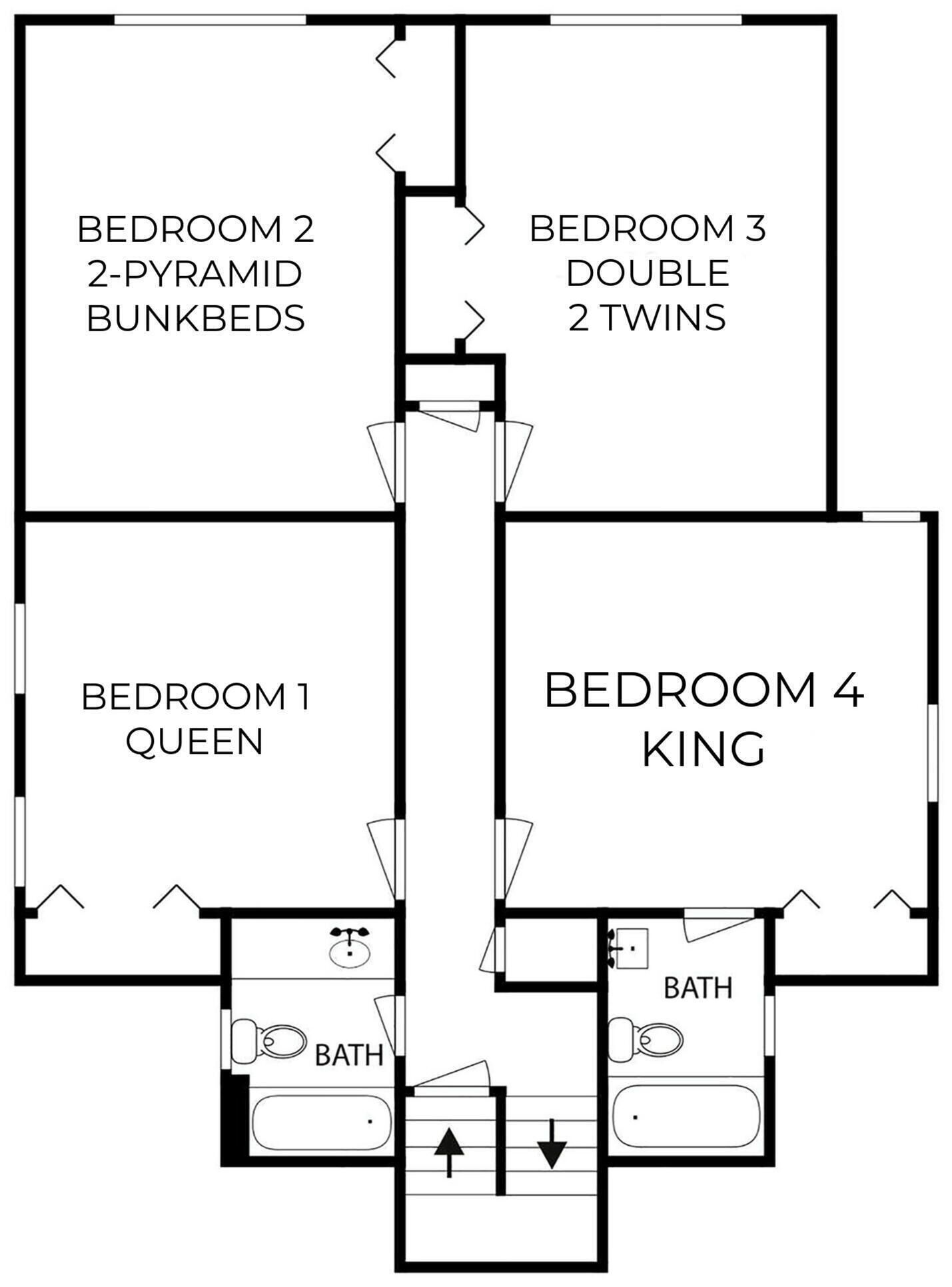 A floor plan with four bedrooms labeled as Bedroom 1 Queen, Bedroom 2 2-Pyramid Bunkbeds, Bedroom 3 Double 2 Twins, and Bedroom 4 King. There are two bathrooms, one adjacent to each bedroom.