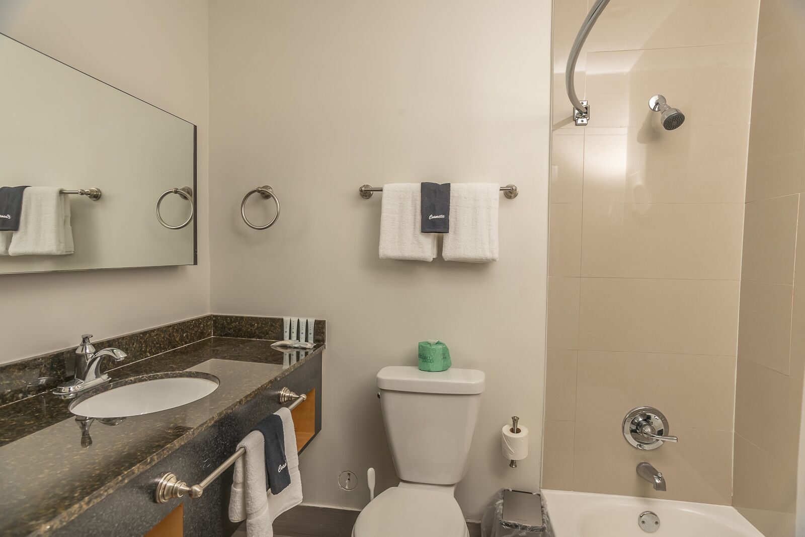 A bathroom with two sinks, a toilet, a shower, and a mirror.