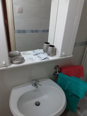 Regadera, secadora de cabello, bidet, toallas