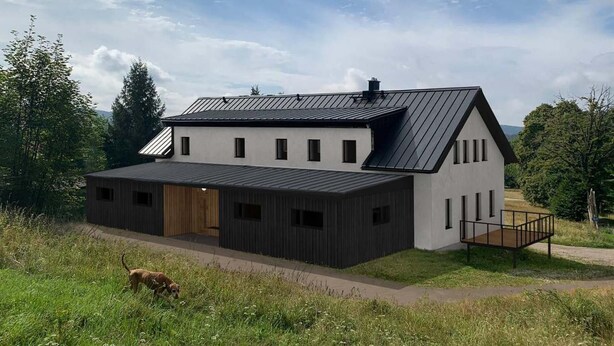 A modern two-story house with a large garage and a covered outdoor area. - Villa Desna - Lds021 (Desna)
