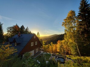 A wooden cabin with a metal roof, surrounded by a forest and a mountain in the background. - Rokytnice Krm450 in Rokytnice nad Jizerou (Rokytnice nad Jizerou)